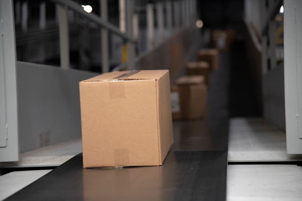 A parcel on a fulfilment conveyor